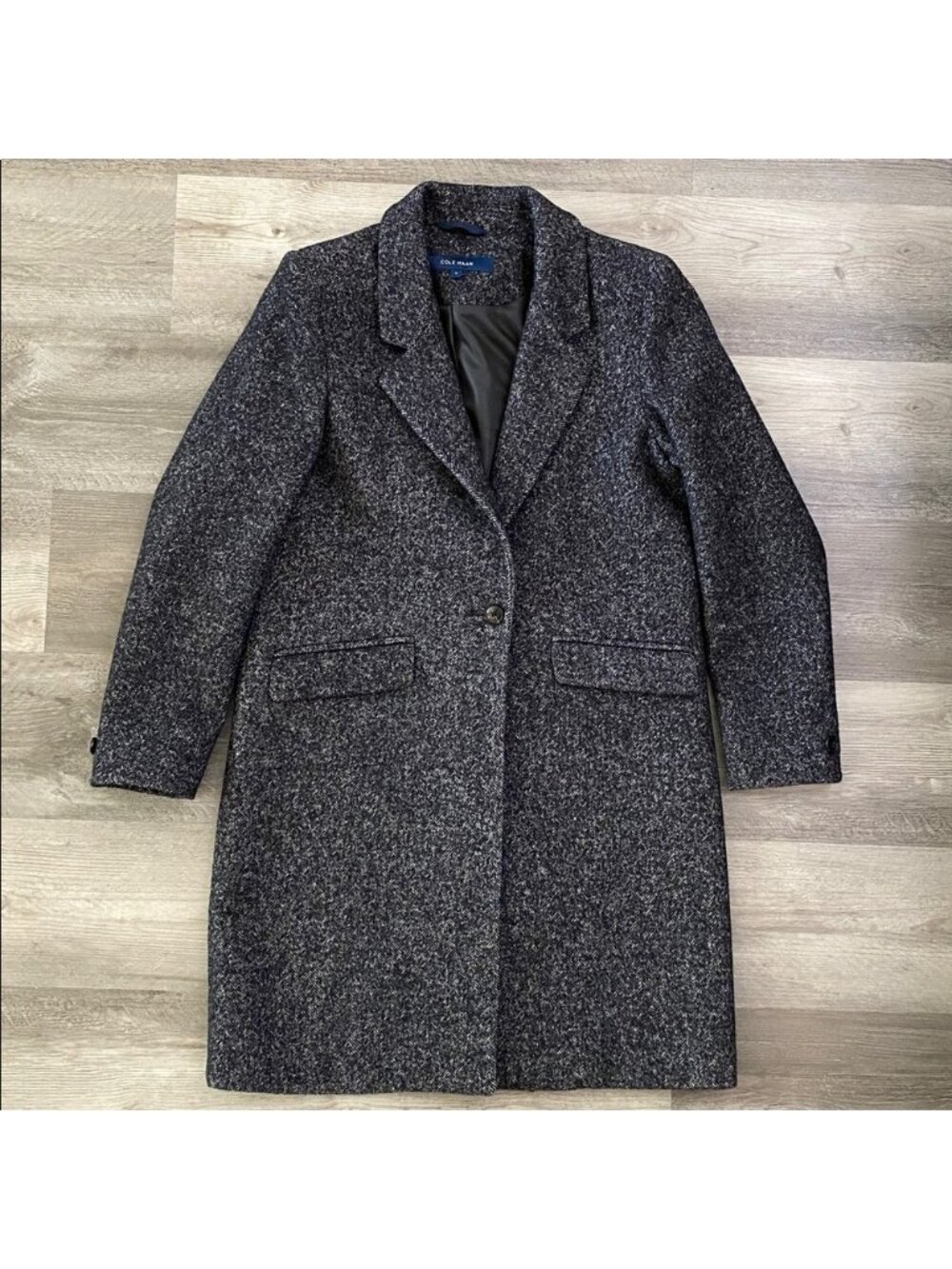 Cole Haan Long Wool Pea Coat Herringbone Gray Blue White Classic Academia Sz 6